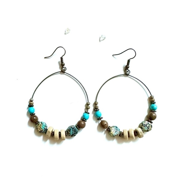 Vintage Style Turquoise & Bronze Color Round Hoop Earrings - Picture 4 of 5